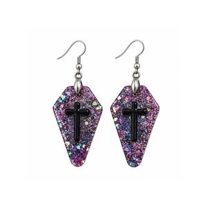 Handmade Purple Coffin Cross Resin Earrings Glitter Goth Halloween OOAK
